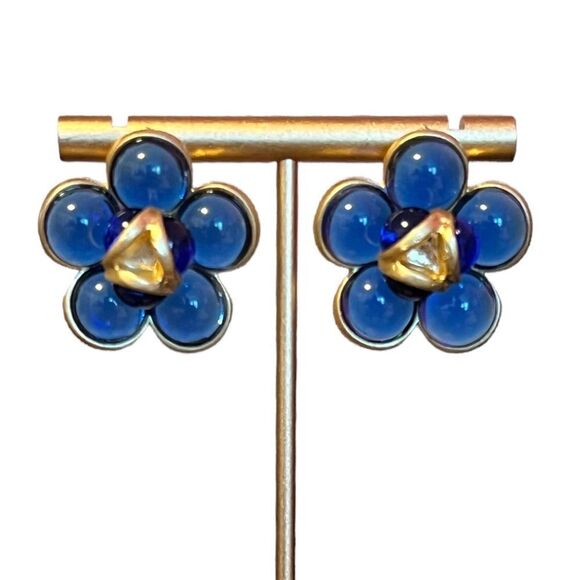 Jewelry - NEW 14K Gold Plated Chanel Style Camellia Blue Glass Cabochon Earrings